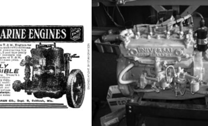 Facing page: an ad for the T&M (Termaat & Monahan) marine engine. This page, above right: an early Universal Atomic 4 UJ.