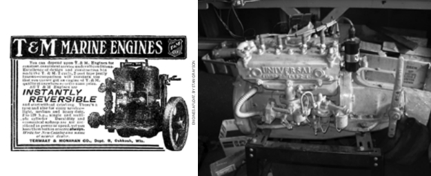Facing page: an ad for the T&M (Termaat & Monahan) marine engine. This page, above right: an early Universal Atomic 4 UJ.