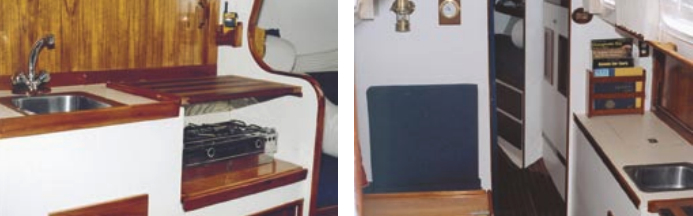 Kalypso’s refit included interior work as well: teak-and-holly sole, repainted bulkheads, electrical updates, complete revision of the galley, hot water heater, interior cushions, portlights and curtains, and much more that doesn’t show (hoses, seacocks, wires, batteries . . . ).