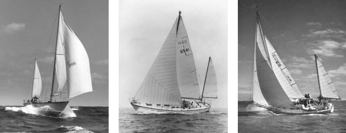 Other Bill Tripp designs included the Hinckley 48, left, and the US 41, center. The NE 38, right, shared many characteristics with the earlier Seafarer 38 Javelin.