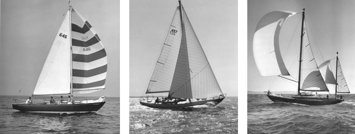 The 32-foot Vineland sloop, left, was built in Norway and imported to the United States by Tripp & Campbell, but being built of wood, interest never amounted to much as the boat-buying public was turning to the maintenance-free promise of fiberglass. The 47-foot Touché, center, designed for Jack Potter, enjoyed an enviable race record on Long Island Sound, garnering attention for Bill Tripp’s fast boats. Bill’s legacy may well be as master of the centerboard yawl drawn for competition in the CCA rule. His first was Georjabelle, right, a 43-footer for Jasper Kane.