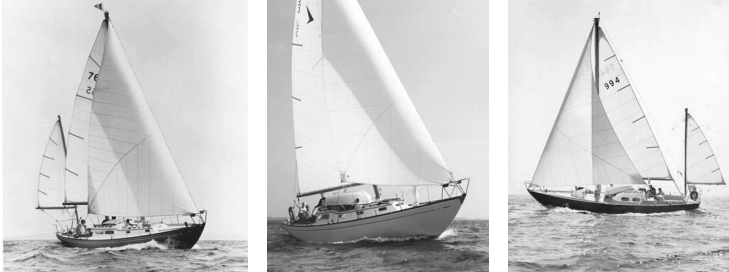Brian Acworth’s Seafarer Yachts of Huntington, Long Island, New York, built several Bill Tripp designs as production models, including the Tripp 30, left. The first Seafarer 38 Javelin, center, proved to be tender. Subsequent hulls had 900 pounds of ballast added in the sump. The 38-foot Invicta, Burgoo, right, built by Pearson Yachts, won the 1968 Bermuda Race. The flush deck and gun-turret doghouse were and remain unusual features.
