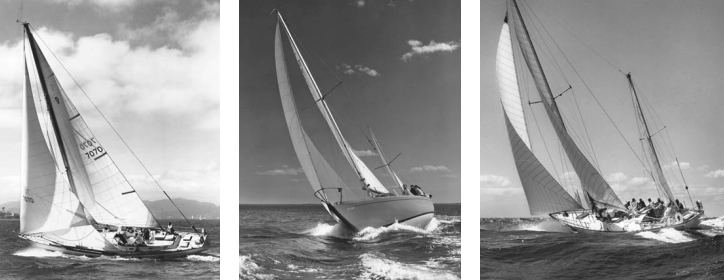 The Columbia 57, left, was the largest boat Bill Tripp designed for Columbia Yachts. Concerto took first place in class in the 1969 Transpac Yacht Race. Predecessor to the lovely Hinckley Bermuda 40 was the Block Island 40, both centerboard yawls with long overhangs that immersed and added to sailing length as the boat heeled. Seal, center, was hull #2 and sailed in the 1958 Bermuda Race shortly after launching. Bill designed several boats for Sumner (Huey) Long, each called Ondine. The first was an aluminum 57-footer, right.