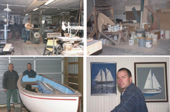 The wood shop, above left, still has many of the tools that ran just as well in Grandfather Bingham’s day, but he wouldn’t recognize many of the coatings and compounds, above right, used these days in the up-to-date shop. Joe and Thad Bingham show one of their early Sea Flea tenders, below left. They’ve built this popular design in several variations over the years. Thad ponders the possibilities of a fifth generation running Bingham Boat Works, below right.