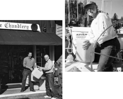 Durkee Richards exchanges an empty for a full jug of biodiesel fuel with Bob Schoonmaker of The Chandlery in Eagle Harbor, Washington, at left, and fills the tank of his J/32, above.