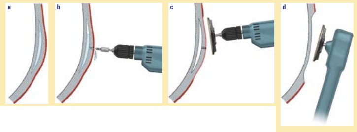 The long-term repair of a deep fiberglass blister (a) is a prolonged process. Wear a mask or goggles when opening each blister (b). Use a paste paint remover before sanding the painted surfaces with 80-grit paper (c). Then grind the surfaces off each blister with 36-grit disks (d). More on next page.