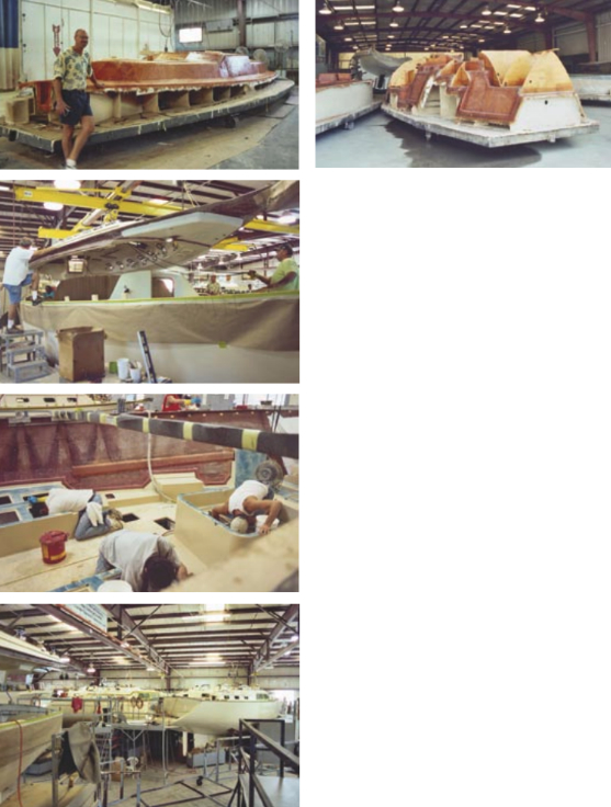 Karsten Johnson, Bob’s son, poses by a deck mold, top left. Decks and other components are moved about the plant on welded steel dollies, top right. The integral bow pulpit is wrapped in cardboard to protect it from being damaged. A completed Island Packet 445 deck is being lowered onto the hull, guided by the assembly crew, second and third from top. Several Island Packet 445s are near completion in the assembly area, at bottom.