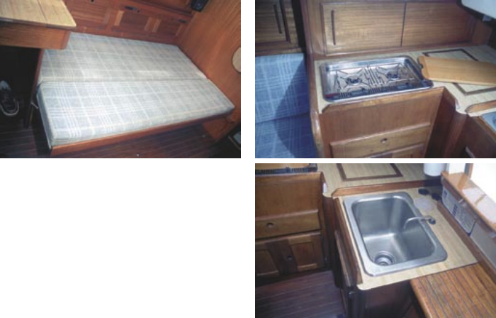 The port bunk on the Bristol 29.9 makes into a very adequate double, above. The stove cover, above right, adds a bit more counter space when the stovetop is not in use; the Serozis replaced the old pressure alcohol burners with the Origo non-pressurized alcohol ones shown here. The sink to starboard of the companionway, at right, is not well located, but sailors for centuries have learned to adapt to unfortunate compromises made by designers.