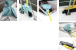 The broom that morphs into a mop and more is shown here in its many highly useful disguises: from left, absorbent tool, crevice cleaner, window washer, broom, mop, brush.