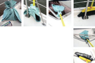 The broom that morphs into a mop and more is shown here in its many highly useful disguises: from left, absorbent tool, crevice cleaner, window washer, broom, mop, brush.