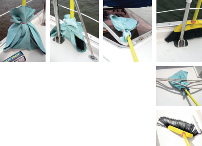 The broom that morphs into a mop and more is shown here in its many highly useful disguises: from left, absorbent tool, crevice cleaner, window washer, broom, mop, brush.