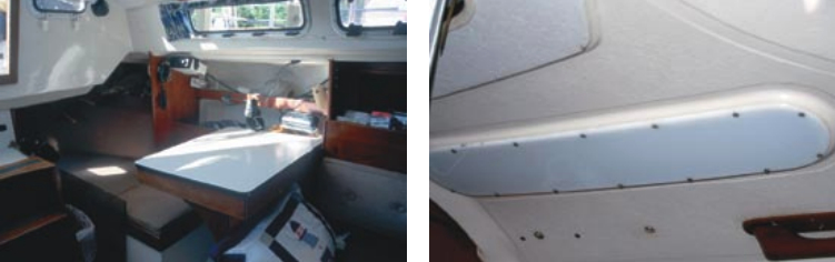 At left above, forward-facing navigation station, and at right, one of the many overhead panels giving access to deck hardware.
