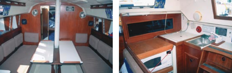 Main cabin with centerline drop-leaf table open, above left. Above right, galley.