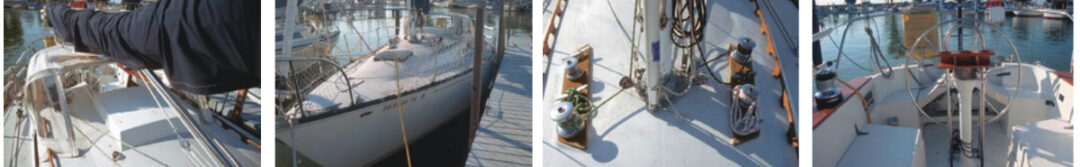 The genoa track on the sidedeck, facing page far left, was an owner addition. The C&C 33 MK I relied on a slotted toerail and a snatch block for jib trim. The uncluttered foredeck and cambered coachroof, also on facing page. Four Barient winches, two #16s and two #10s, are located at the mast, below left. Another owner modification involved leading some lines aft and adding two more winches on the coachroof near the cockpit. The T-shaped cockpit, below.