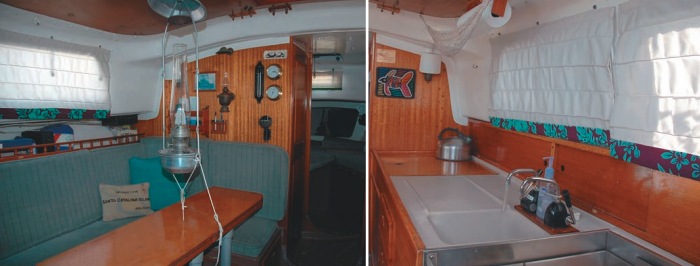 The Cal 30’s 10-foot beam makes for a surprisingly spacious saloon for a 30-footer. The Aladdin kerosene mantle lamp, properly and necessarily secured with a downhaul, provides light to read by and takes the chill out of the air on a damp evening. The sideboard galley has sufficient counter space for food preparation, though sink draining while on port tack can be an issue. Many owners have replaced their original alcohol stoves with LPG stove/ovens. Note the nice job of tabbing the bulkheads to the deck.