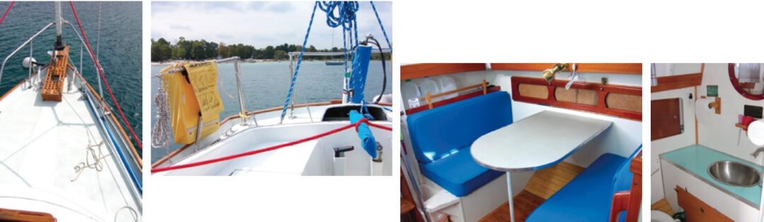 Hells Bells has a nicely crafted teak bow platform with anchor rollers, at left; this is a common upgrade as it keeps the anchor from hitting the stem, usually when being retrieved. Note the high, teak-capped bulwarks. Facing page: The dinette, at left, converts to a double berth, though it looks more comfortable as a single. The head, at right, is tight, but adequate, with a vanity, mirror, and some stowage.