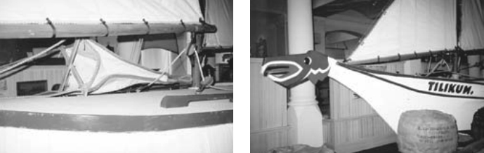 Capt. Voss’ famous sea anchor lies atop Tilikum’s coachroof, above left. Folding wooden braces hold the mouth open. The material is thick canvas, heavily roped around the edges. The fearsome Canadian Indian figurehead, above right, was kicked by a horse and damaged when Voss took Tilikum overland on exhibition to Pretoria, South Africa. After repairs, it was as good as new.