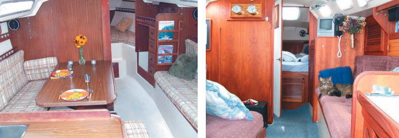 Windancer’s interior with original cushion fabric and the dinette layout, above left. Windancer is author Bob Brintnall’s 1976 Mk I. Santana, above right, is a 1991 Mk II with a newer interior décor and cabin layout, owned by Terry and Sheila Brown and their two cats, Murphy, pictured, and Molly, who has her own special cat shelf nestled under the starboard cockpit coaming.