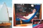 The Old Cat, above, her design unchanged for 150 years and now home to a variety of cat-labeled accessories, under sail on Beaver Lake. The Catnapper, demonstrated by Amber Gail Klotz, the author’s youngest granddaughter, at right. Foot end of the Catnapper in use, inset. Note the loop stretched over the end of the H-frame upright, and the strain imparted to the canvas. The heating stove, with the tea kettle on the fiddled top, and a cat outline on the door in the background.