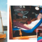 The Old Cat, above, her design unchanged for 150 years and now home to a variety of cat-labeled accessories, under sail on Beaver Lake. The Catnapper, demonstrated by Amber Gail Klotz, the author’s youngest granddaughter, at right. Foot end of the Catnapper in use, inset. Note the loop stretched over the end of the H-frame upright, and the strain imparted to the canvas. The heating stove, with the tea kettle on the fiddled top, and a cat outline on the door in the background.