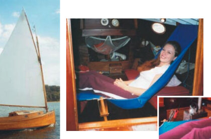 The Old Cat, above, her design unchanged for 150 years and now home to a variety of cat-labeled accessories, under sail on Beaver Lake. The Catnapper, demonstrated by Amber Gail Klotz, the author’s youngest granddaughter, at right. Foot end of the Catnapper in use, inset. Note the loop stretched over the end of the H-frame upright, and the strain imparted to the canvas. The heating stove, with the tea kettle on the fiddled top, and a cat outline on the door in the background.