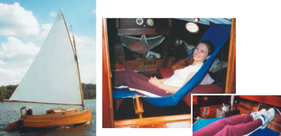 The Old Cat, above, her design unchanged for 150 years and now home to a variety of cat-labeled accessories, under sail on Beaver Lake. The Catnapper, demonstrated by Amber Gail Klotz, the author’s youngest granddaughter, at right. Foot end of the Catnapper in use, inset. Note the loop stretched over the end of the H-frame upright, and the strain imparted to the canvas. The heating stove, with the tea kettle on the fiddled top, and a cat outline on the door in the background.