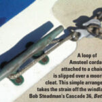 A loop of Amsteel cordage attached to a chain hook is slipped over a mooring cleat. This simple arrangement takes the strain off the windlass on Bob Steadman’s Cascade 36, Bettie.