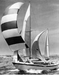 Charley Morgan’s first boat, Brisote. Demonstrating considerable resourcefulness, she had a Star Boat keel and rudder, a Thistle mainsail, and a modified Penguin sail for a mizzen.