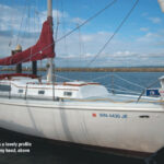 The Columbia 36 has a lovely profile at the dock.