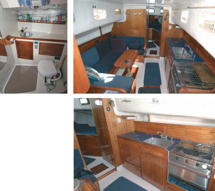 Columbia 36 roomy head, above left. Two views of the interior of the Columbia 33 at right. Both the 36 and the 33 have the long galley on the starboard side and an, otherwise traditional, layout. The 33 gives up space in the head and sacrifices the nav station for a small table.