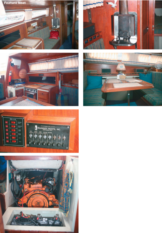 Conquesta offers the best of both worlds: a racing boat with the accommodation of a cruiser, top left. The Tiny Tot stove, top right, has served valiantly for years. The Islander 30 has the galley to port, second row, left photo, and a starboard side dinette, second row, right. The advantage of this dinette setup is the step up, so those seated in the cabin can see out the ports. The original electrical panel, next photo, and the original engine, bottom photo, a Palmer 4-cylinder flathead.