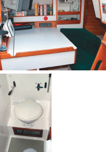 To starboard of the companionway ladder is a quarter berth and nav station, at left. The head is small, below left. Being a British-made vessel, the toilet is a vacuum Lavac, one of the most trouble-free.