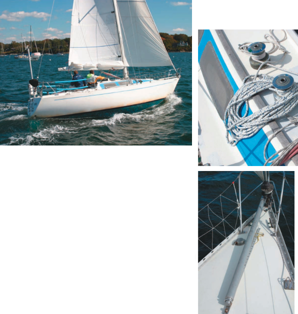 The Contessa 35’s IOR-influenced pin-tailed stern, at left. Halyards are led through turning blocks to winches and cleats on the coachroof, below center. Tough Old Bird’s sprit for setting asymmetrical spinnakers, at bottom.
