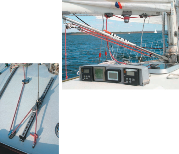 The Hall QuikVang makes it easy to shape the mainsail, at right. A rigid vang has the added benefit of supporting the boom when the sail is lowered. The instrument pod is visible from the helm. Tensioning the check stay to adjust sail shape, at bottom.