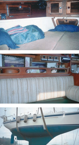 The Dahls added louvered lockers in the forecabin to improve airflow inside stowage compartments, top photo. A view of the main cabin, center photo. Dahlfin II at haulout, bottom photo, showing the unique keel configuration of the Columbia 10.7. Ron and Bonnie say this elongated keel, not quite a fin keel, with a skeg provides excellent tracking.
