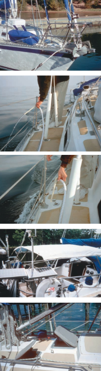 When it’s aboard, the cruising spinnaker lives on deck in a bag, top photo. Headsails don’t take up space in the cockpit locker or belowdecks. The washdown pump, in next two photos, has been a blessing. The cockpit is shown in the next photo with its Bimini, solar panels, and some of the safety gear. Even the hatches got sun covers of their own, bottom photo.