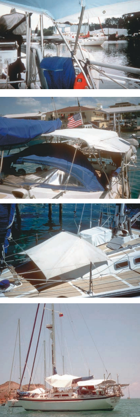 The light blue Bimini lining reduces heat, top photo. The top photo also shows aft bows attached to the stern pulpit, the outboard motor lock, and other safety gear. Next photo shows the Bimini with side wings. The rain hood, in third photo, also made a big difference by allowing for ventilation during rainstorms at anchor. Dahlfin stays as cool as is possible in Grenada with all the suncovers employed, bottom photo.
