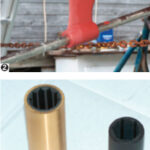 Enclosed prop shaft, a tube inside the skeg with prop and shaft removed (1). Typical strut supporting the Cutless, with shaft in place (2). Two Cutless bearings: bronze casing, left, used in a strut; composite, right, used in a shaft tube (3). The tube after removal of old Cutless bearing residue (4).