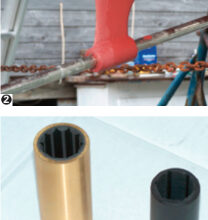 Enclosed prop shaft, a tube inside the skeg with prop and shaft removed (1). Typical strut supporting the Cutless, with shaft in place (2). Two Cutless bearings: bronze casing, left, used in a strut; composite, right, used in a shaft tube (3). The tube after removal of old Cutless bearing residue (4).