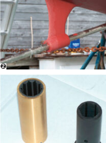Enclosed prop shaft, a tube inside the skeg with prop and shaft removed (1). Typical strut supporting the Cutless, with shaft in place (2). Two Cutless bearings: bronze casing, left, used in a strut; composite, right, used in a shaft tube (3). The tube after removal of old Cutless bearing residue (4).
