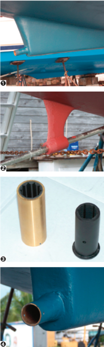 Enclosed prop shaft, a tube inside the skeg with prop and shaft removed (1). Typical strut supporting the Cutless, with shaft in place (2). Two Cutless bearings: bronze casing, left, used in a strut; composite, right, used in a shaft tube (3). The tube after removal of old Cutless bearing residue (4).