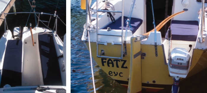 The port cockpit seat is long enough to lie down on, below left, but the starboard seat is shortened by the outboard motor well. The rudder, below right, is transom-mounted and partially attached to a protective skeg. The rudder extends approximately 6 inches below the keel and slides up on a long pintle rod in the case of a grounding.