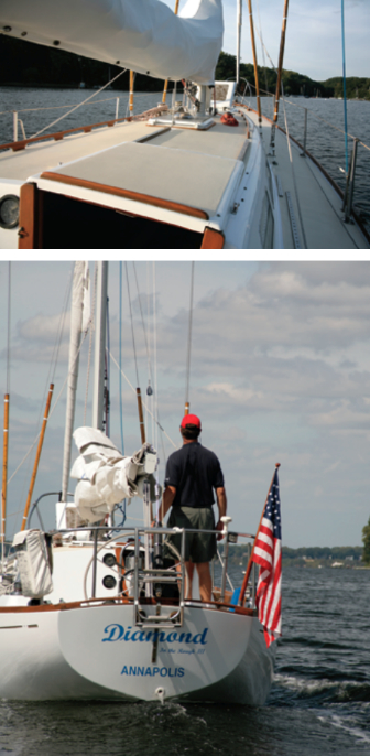 The Cal 36 has wide sidedecks and a deck with few obstructions, top. It’s easy on the eyes, easy on the crew, and easy on bare feet. While Diamond in the Rough III looks great today, bottom, Jim Mumper has spent so much time on her refit that he calls his baby a “workboat.”