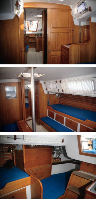 In the photos to right: Jim scrubbed the interior from top to bottom, painted the white surfaces, refinished the interior wood, added a new curtain-hanging system and new curtains, cut 11 inches off the “huge” dining table, and installed those small additions that make a boat a home.