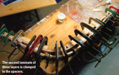 The second laminate of three layers is clamped to the spacers.