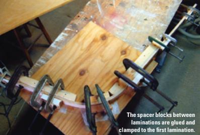 The spacer blocks between laminations are glued and clamped to the first lamination.