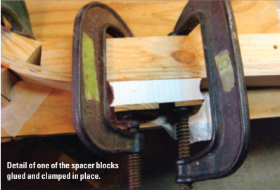 Detail of one of the spacer blocks glued and clamped in place.
