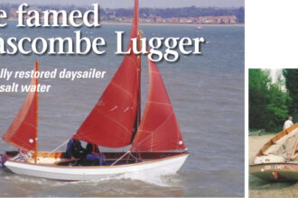 Owner Joan Swindells and Stewart Brown of Churchouse Boats, take Guillemot, a wooden Drascombe Lugger, for a spin in blustery conditions, facing page. Prior to her restoration, Guillemot, at right, shows the normal signs of neglect.