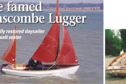 Owner Joan Swindells and Stewart Brown of Churchouse Boats, take Guillemot, a wooden Drascombe Lugger, for a spin in blustery conditions, facing page. Prior to her restoration, Guillemot, at right, shows the normal signs of neglect.