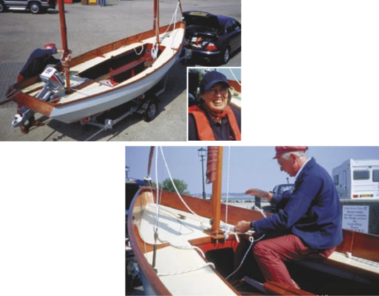 Following an extensive refit, Stewart Brown prepares Guillemot for her second major launching and first-ever saltwater sail, at left and below. The joy on the face of Joan Swindells when reunited with her boat, also at left.